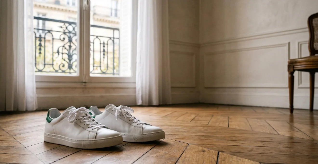Paire de Stan Smith blanches impeccables posée sur un parquet lumineux avec vue sur un balcon parisien en arrière-plan