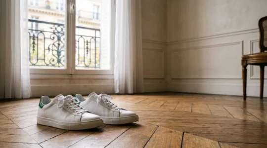 Paire de Stan Smith blanches impeccables posée sur un parquet lumineux avec vue sur un balcon parisien en arrière-plan